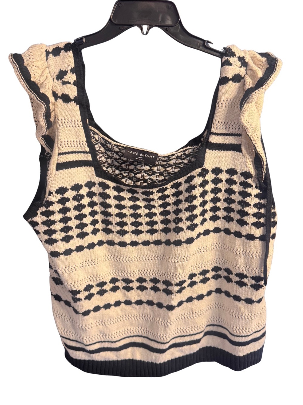 Lane Bryant Cream and Black Patterned Knit Tank with Ruffled Straps